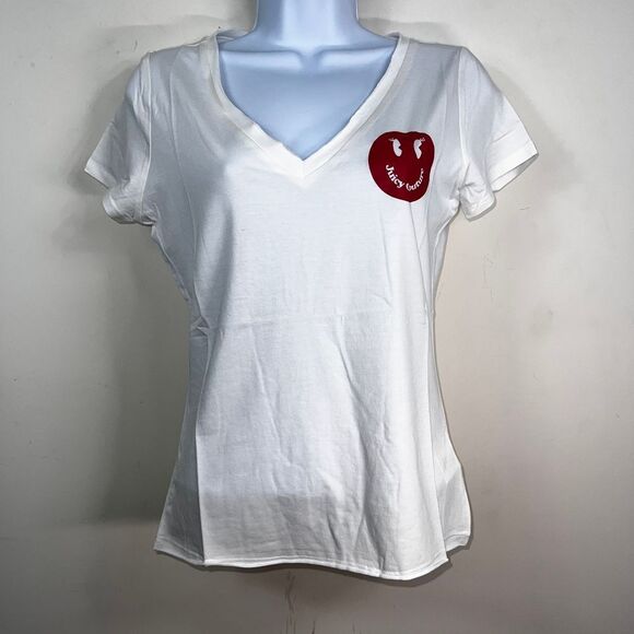 Juicy Couture Smiley Face V-Neck Tee in White (S) - Picture 2 of 8
